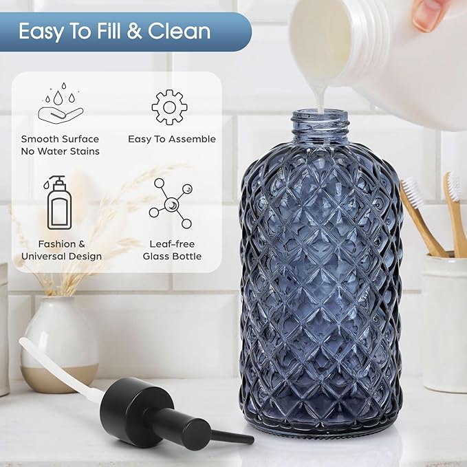 Topsky Gem Glass Soap Dispenser with Black Plastic Pump, 13oz Liquid Hand Soap Dispenser, Rustproof Pump for Kitchen & Bathroom, Great for Lotions, Essential Oil, Liquid Soaps-Grayish Blue - Image 2