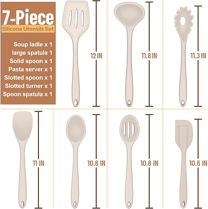 E-far Silicone Cooking Utensils Set, 7-Piece Khaki Heat Resistant Kitchen Utensils Set, Kitchen Nonstick Tools Spatula Ladle Spoon Pasta Server for Non-stick Cookware, Non-Toxic & Dishwasher safe - Image 2