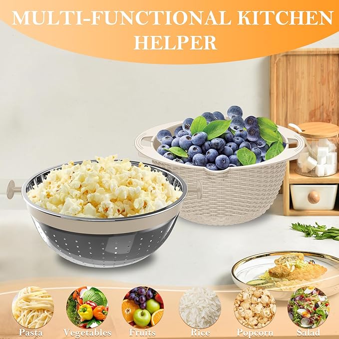 4-1 Colander with Bowl Set, Food Strainers and Colanders, Fruit Washing Bowl with Strainer, Rotatable Colander for Kitchen, Aesthetic Kitchen Gadget, Christmas & New Year Gifts - Beige - Image 5