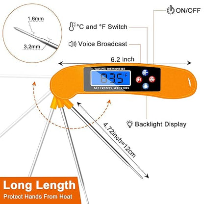 Digital Talking Thermometer for The Blind, Orange Waterproof Instant Read Food Thermometer with Talking Function and Backlight, Meat Thermometer with Probe for Cooking and Grilling, and More