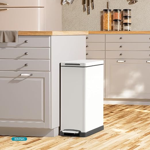 Home Zone Living 12 Gallon Slim Kitchen Trash Can with Soft Close Lid, Step Pedal, Bag Tuck Band, and Removable Liner, Stainless Steel, Matte White - Image 6