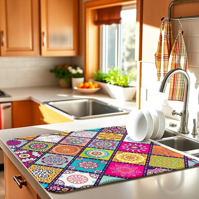 Plaid Floral Large Dish Drying Mats, Reversible Boho Dish Drying Pads for Kitchen Counter Foldable and Stored in a Drawer,18"x24" Extra Large Draining Mat Protect for Kitchen,Bar Counter,Coffee Make - Image 2