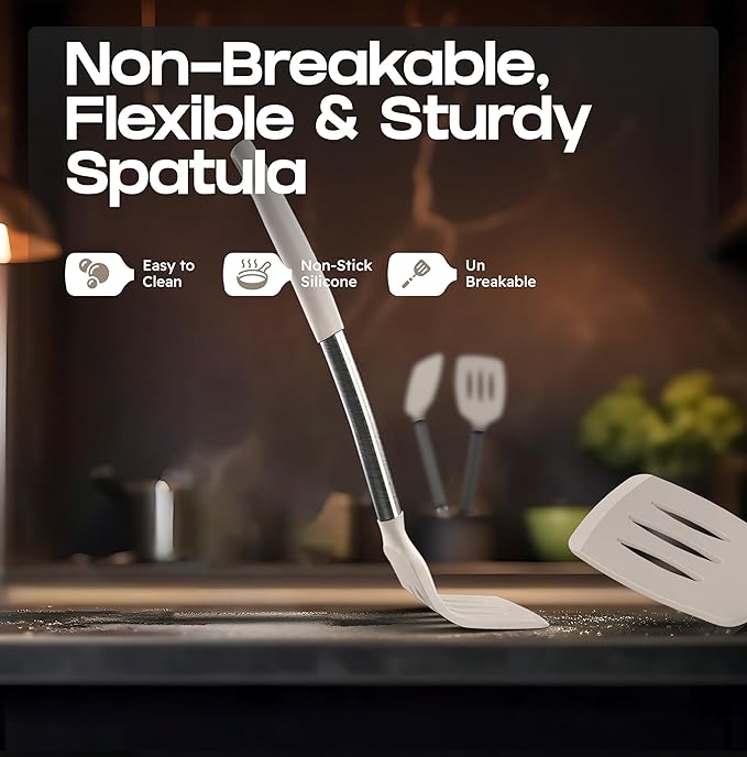 BakeRoyal Silicone Spatula Set - Turner Spatulas Silicone Heat Resistant 600°F - Slotted & Solid Spatula for Cooking Fish, Eggs, Pancakes Flipper – Spatulas for kitchen use – Mist - Image 6
