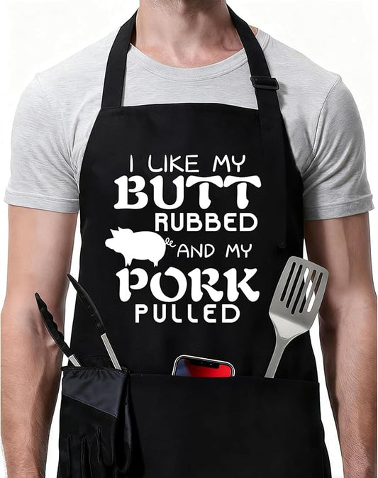 Rosoz Funny BBQ Black Chef Aprons for Men, Grill Apron Adjustable Kitchen Cooking Aprons with Pocket Waterproof Oil Proof Valentine's Day/Birthday