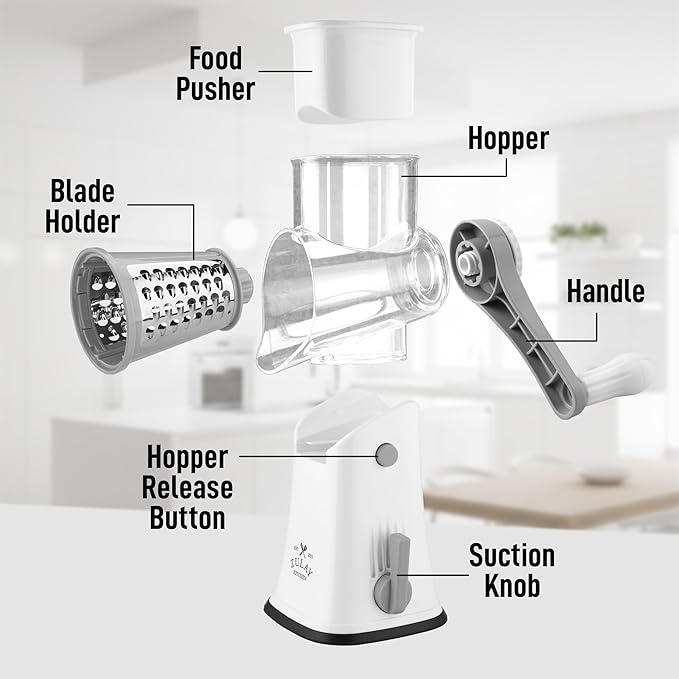 Zulay Kitchen Rotary Cheese Grater 5 Blade Cheese Shredder - Manual Hand Crank Cheese Grater With Reinforced Suction & 5 Interchangeable Drums - Easy to Use, Vegetable Chopper Round Mandoline Slicer - Image 8