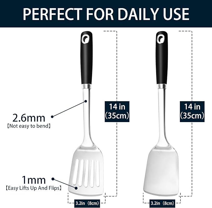 14-in Spatula Set, 18/0 Stianless Steel Heavy Duty Turner & Slotted Spatula, Kitchen Cooking Utensils Set, High Heat Resistant, Grilling Frying Serving Food, Pack of 2 - Image 4