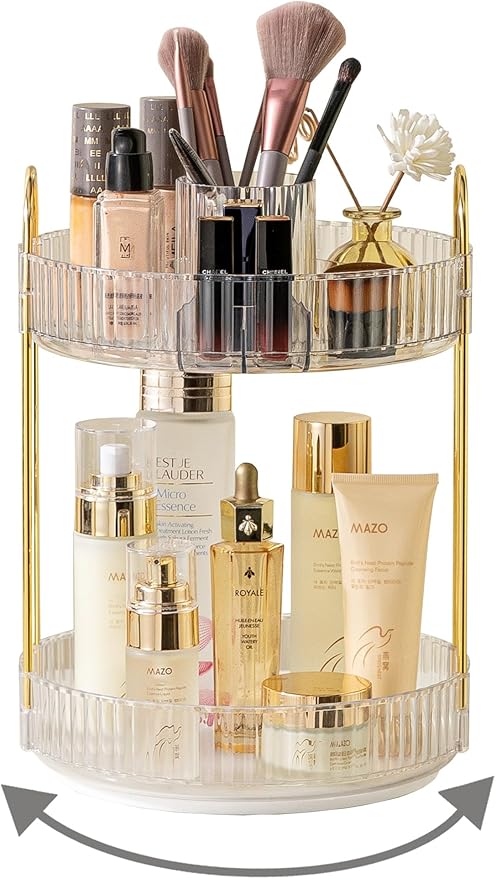 Asayuee 360 Rotating Makeup Organizer,2 Tier Large Capacity Make Up Organizers and Storage,Skincare Perfume Vanity Organizers,Bathroom Cosmetics Storage Organizer Countertop(Clear) by Asayuee