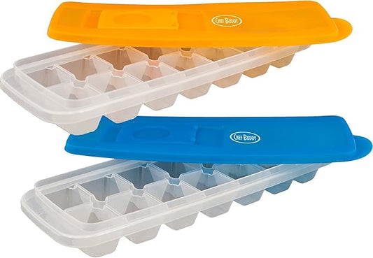 Set of 2 Ice Cube Trays - 14-Cube Spill-Resistant, Easy-to-Fill Trays with Lids for Freezing Food, Water, and Juice (Multicolor)
