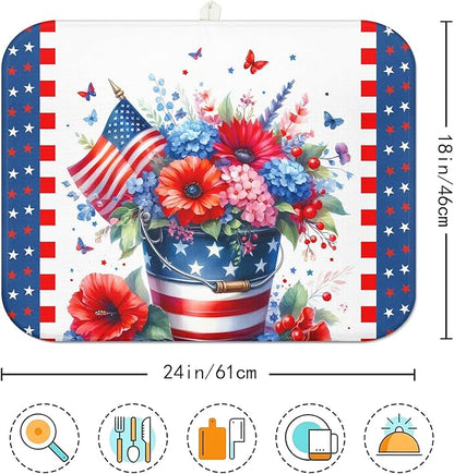 4th of July Large Dish Drying Mat for Kitchen Counter Independence Day 18''x24'' Microfiber Small Red Kitchen Draining Mat for Countertops Memorial Day Dish Drainer Drying Pad - Image 7