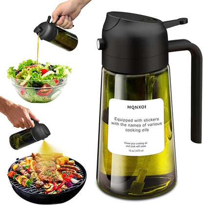 mqnxoi 2 in 1 Glass Oil Sprayer & Dispenser,16oz/470ml Olive Cooking, Air Fryer, and Salad, for Kitchen Gadgets and Air Fryer Accessories, w/Stickers (Black + Dark Green Bottle 2) - Image 9