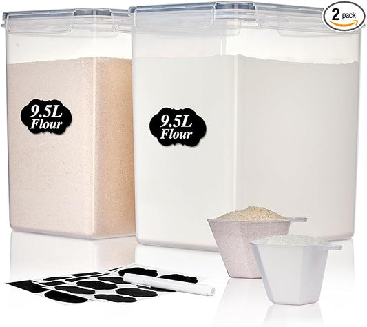Vtopmart 9.5L 2 Pack Extra Large Flour Sugar Storage Containers for 25lbs flour, Airtight Kitchen Pantry Organization Canisters with Lids for Bulk food, Rice, Baking Supplies, BPA Free, Black by Vtopmart