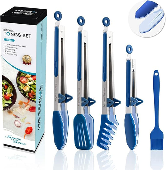 5-Pack Silicone Tongs for Cooking,Maywe Tanso 4PCS 13-Inch Kitchen Tongs with Silicone Tips,Nonstick Stainless Steel Tong for Steak Pie Pizza Pasta Spaghetti Salad BBQ Buffet,Plus Brush by MayweTanso