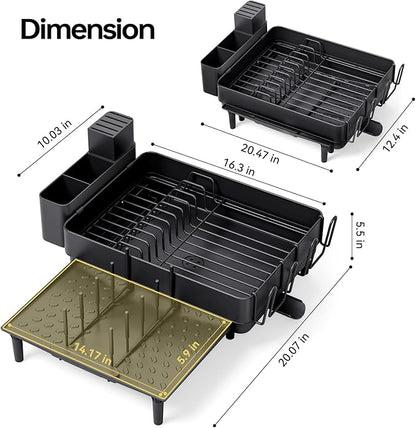 Urackify Dish Drying Rack for Kitchen Counter, 304 Stainless Steel Dish Rack, Expandable Dish Drainer, Foldable Dish Strainer with Cutlery Holder, Kitchen Plate Rack (Black, Large Size)