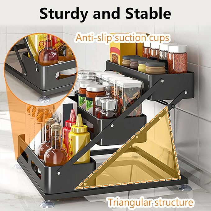 Ceetug 3 Tier Foldable Spice Rack for Countertop Iron Kitchen Seasoning Organizer for Cabinet, Black - Image 3