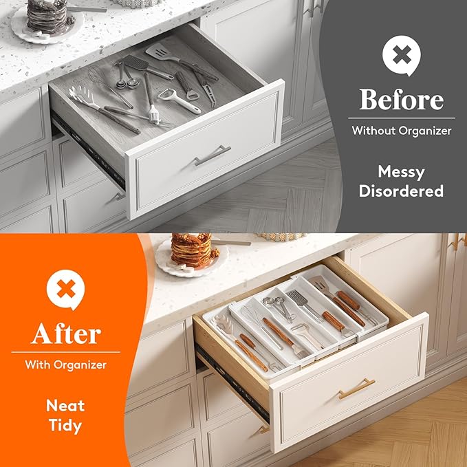 Lifewit Utensil Organizer for Kitchen Drawers, Expandable Cooking Utensil Tray, Adjustable Cutlery Silverware Flatware Holder, Plastic Spatula Tools Storage Divider, 11-18 x 14", White - Image 7