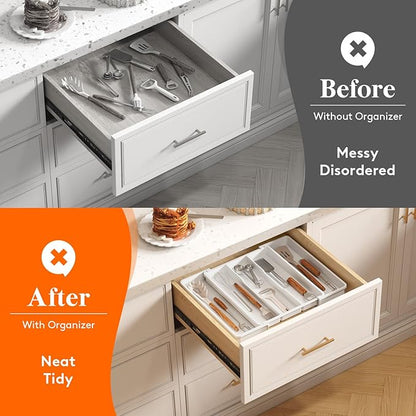 Lifewit Utensil Organizer for Kitchen Drawers, Expandable Cooking Utensil Tray, Adjustable Cutlery Silverware Flatware Holder, Plastic Spatula Tools Storage Divider, 11-18 x 14", White - Image 7