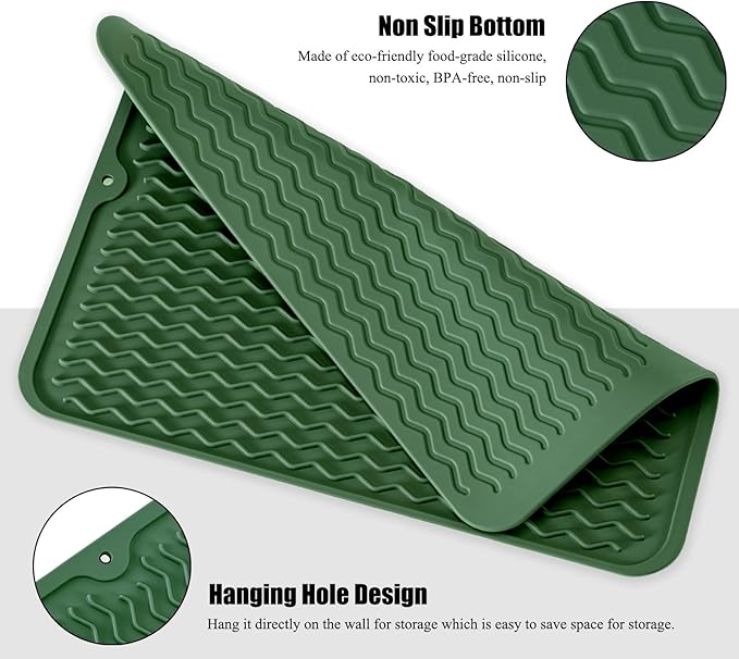 Large 14" x 11" Silicone Dish Drying Mat for Kitchen Counter, Easy clean, Quick Dry, Heat-resistant Dish Drainer Mat for Sink,Refrigerator or Drawer liner (Food Grade Silicone-Dark Green) - Image 3