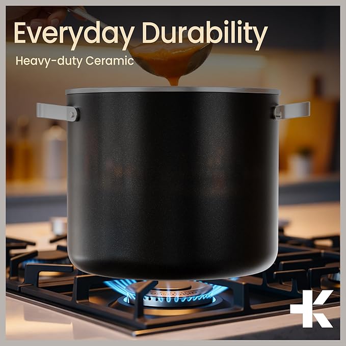 Bakken 16 Quart Ceramic Coated Stock Pot with Lid, Easy Clean Nonstick Pot, Tempered Glass Lid, Riveted Stainless Steel Handles, Oven Safe Up To 500°F, PTFE & PFAS Free, All Stove Compatible, Black - Image 7