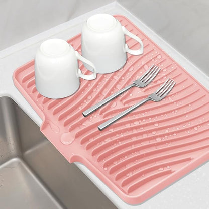 TIKNIK Silicone Dish Drying Mat, Stone Drying Mat for Kitchen Counter with Built-In Drain, Non-Slip Drain Pad with Built-in Drain, Heat Resistant Stone Drying Mat, Hangable, Pink-1pcs, 16" x 12" by TIKNIKHomeOutdoor