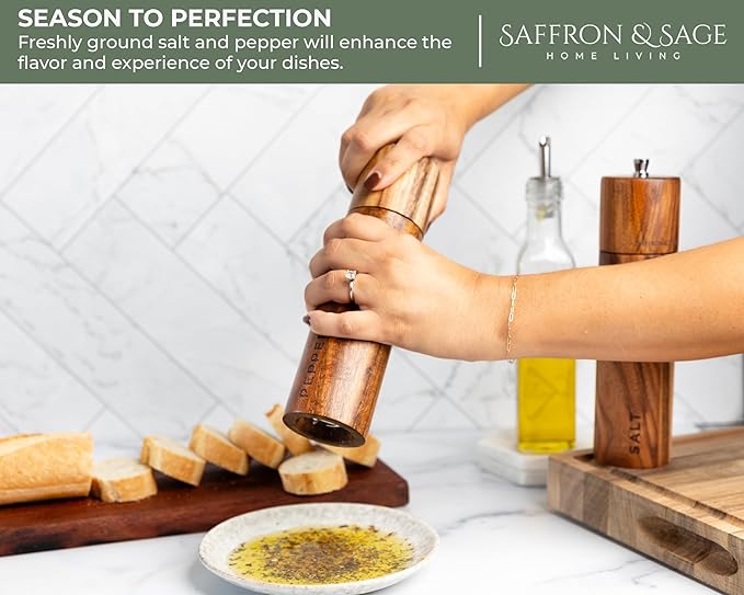 Saffron & Sage Premium Acacia Wood Salt and Pepper Grinder Set of 2-8” Tall Salt and Peppercorn Mill with Adjustable Coarse Settings, Rust Resistant, Smooth and Quality Grinding Mechanism