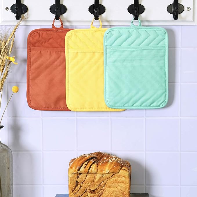 Anyi Pot Holders and Oven Mitts 7" X 9" Heat Resistant Cotton Pocket Pot Holder Set Feature of Non Slip Kitchen Hot Pad Oven Mitts, 3-Pack (Aqua Sky) - Image 6
