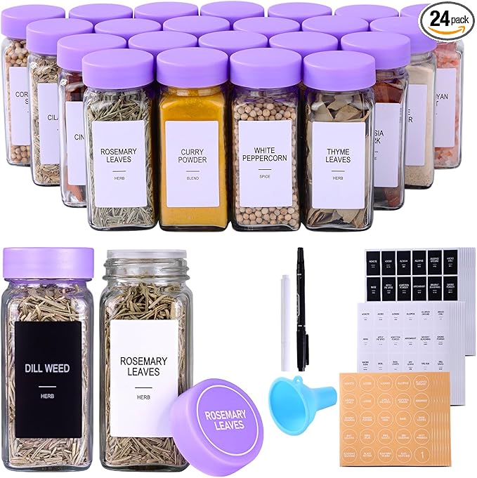 24 Glass Spice Jars with Labels, Spice Jar Set, 4oz Spice Containers, Seasoning Containers with Purple Airtight Lids and Shaker Lids, Square Empty Spice Bottles, 492 Labels, 1 Funnel by Unknown