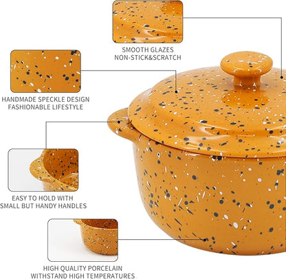 Stoneware Baking Ramekins Set of 4-10 Oz Mini Cocotte with Handles & Lids - Perfect for Oven Baking Souffle, Soup, Cobbler, Individual Serving Casserole Dishes, Orange