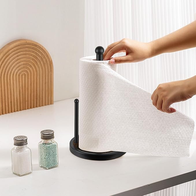 YINMIT Paper Towel Holder Countertop, Standing Paper Towel Roll Holder with Wooden Base, Rustic Farmhouse Paper Towel Holders for Kitchen Counter, Fits Standard or Jumbo-Sized Rolls - Image 4