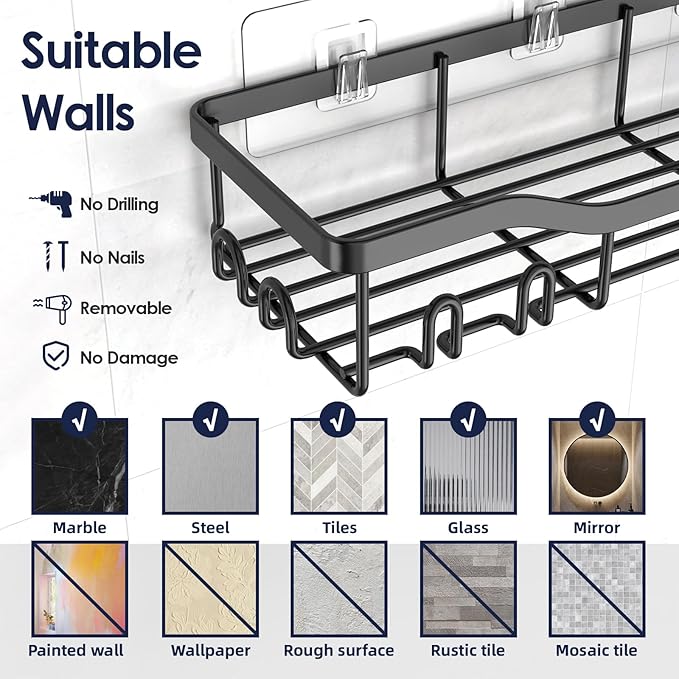NESOMI Shower Caddy Adhesive Shower Organizer 8-Pack, Rustproof Stainless Steel Bathroom Shelves, Large Capacity No-Drill Rack Storage Accessories with Soap Dish Toothbrush Holder Hooks - Image 9