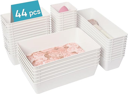 Vtopmart 44 PCS Plastic Drawer Organizers Set, 4-Size Versatile Bathroom and Vanity Organizer Trays, Non-Slip Storage Containers for Makeup, Jewelries, Bedroom，Kitchen Utensils and Office, White by Vtopmart