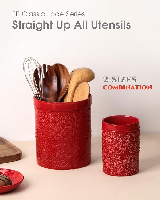 FUN ELEMENTS Kitchen Utensil Holder, 7.2+5.5" Super Large Utensil Crock Heavy and Stable Lace Emboss Ceramic Utensil Holder for Kitchen Counter (2Pcs Christmas Red) - Image 3