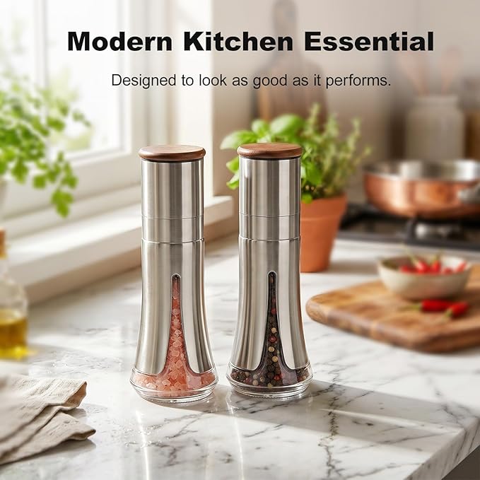 Aelga Salt and Pepper Grinder Set Manual - 4oz Stainless Steel Pepper Mill with 5-Level Adjustable Coarseness, Refillable Glass Salt Grinder with Wood Lid, Silicone Funnel, Modern Kitchen Gift Set - Image 5