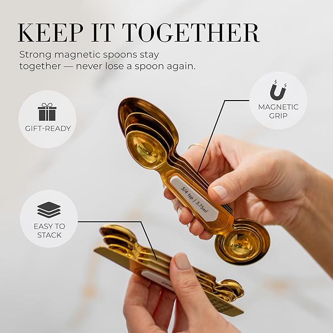 White and Gold Measuring Spoons with Leveler - Featuring 8PC Upgraded Style, Dual-Sided, Stackable, Stainless Magnetic Measuring Spoons Set - Fits in Spice Jars, White and Gold Kitchen Accessories - Image 3