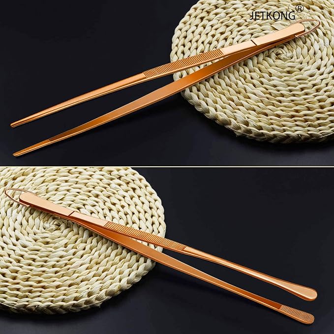 JETKONG 2 Pcs 12-Inch Kitchen Tweezers Cooking Tweezer Tongs Stainless Steel Long Food Tweezers (Rose Gold) - Image 6