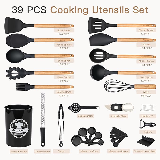 Astercook 39 PCS Kitchen Utensils Set, Silicone Cooking Utensil Sets with Wooden Handle, 446°F Heat Resistant Food Grade Spatula Set, BPA Free Kitchen Gadgets Tools Set for Mothers Day Gifts - Image 2