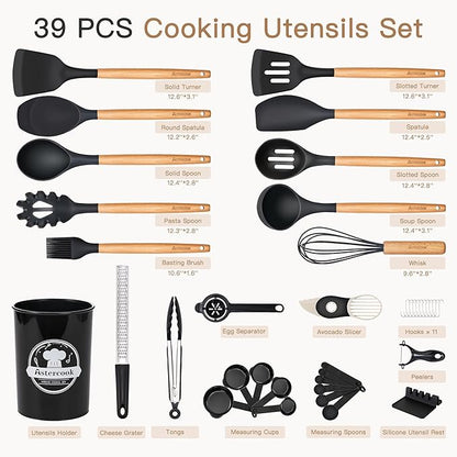 Astercook 39 PCS Kitchen Utensils Set, Silicone Cooking Utensil Sets with Wooden Handle, 446°F Heat Resistant Food Grade Spatula Set, BPA Free Kitchen Gadgets Tools Set for Mothers Day Gifts - Image 2