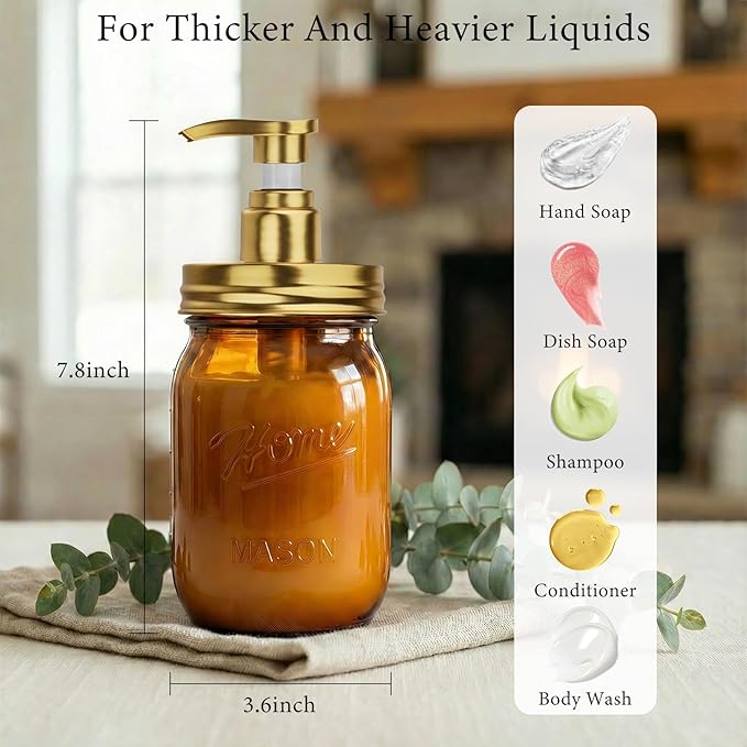 Amolliar Plastic Mason Jar Soap Dispenser with Pump Lid,16OZ Refillable Hand Soap Dispenser Set with Cute Lables - Farmhouse Decor for Kitchen Bathroom, Liquid Soap, Dish Soap, Lotion (2 Pack, Amber) - Image 3