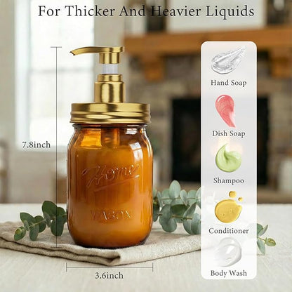Amolliar Plastic Mason Jar Soap Dispenser with Pump Lid,16OZ Refillable Hand Soap Dispenser Set with Cute Lables - Farmhouse Decor for Kitchen Bathroom, Liquid Soap, Dish Soap, Lotion (2 Pack, Amber) - Image 3