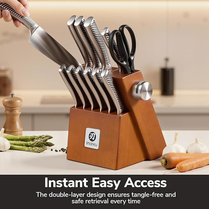 imarku 14-Piece Knife Set, Japanese Stainless Steel Knives Set for Kitchen, Full-Tang Gyutou Knife Sets with Block and Build-in Sharpener, Brown, Dishwasher Safe, House Warming Gifts for Mom - Image 3