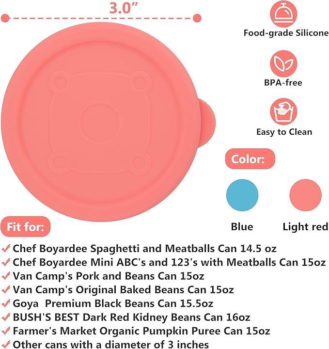 4PCs 3-inch/7.5cm Silicone Can Lids for Chef Boyardee | Van Camp's | Goya | Bush's Best | Farmer's Market Can, Can Cover for Canned Good, Can Toppers, Freezer Dishwasher Safe (Can NOT Included)