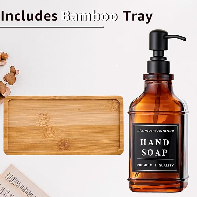 Amber Glass Soap Dispenser with Pump,Tray,Funnel, Countertop Soap and Lotion Dispenser Set of 2 with 60 Stickers, Dish and Hand Soap Dispenser Bottle for Kitchen,Bathroom,Shower,500ml/16.9oz