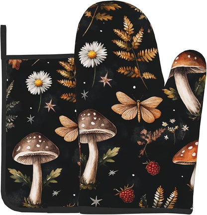 Mushroom Oven Mitts Set – Vintage Pot Holders Kitchen Gloves for Women Farmhouse Kitchen Mitts Floral Herb Potholders Set of 2 Durable for Cooking Baking by DZGlobal