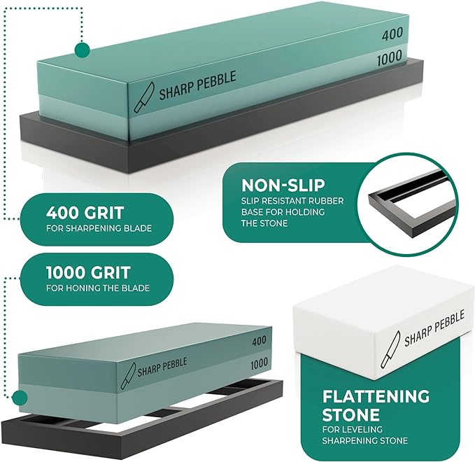 Sharp Pebble Premium Whetstone Knife Sharpening Stone 2 Side Grit 400/1000 Wetstone Kit -Wetstone Kitchen Knife Sharpener with Flattening Stone & NonSlip Rubber Base