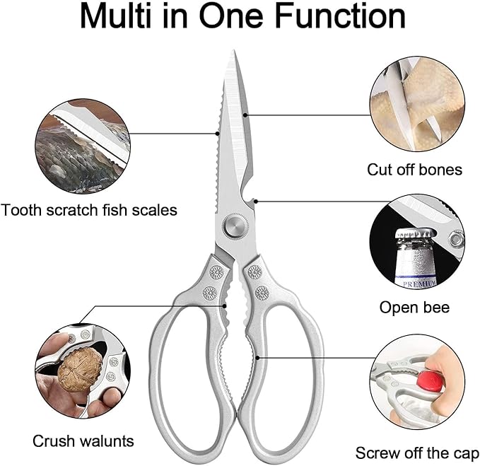 AWinjoy Heavy Duty Sharp Kitchen Scissors, Dishwasher Safe, Cooking Shears for Meat, Chicken, Fish, Poultry, Herb, Bread (Silver) - Image 2