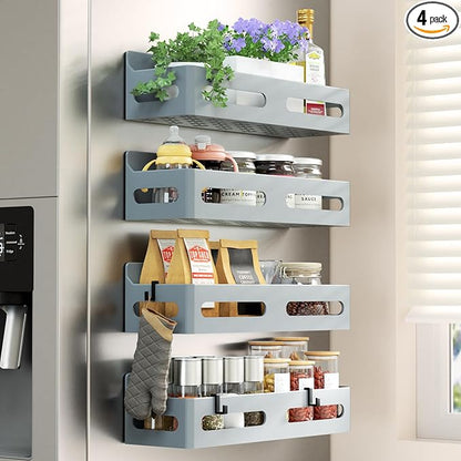 Sevenblue 4 Pack Strong Magnetic Spice Rack for Refrigerator, Multipurpose Magnetic Shelf for Fridge with 4 Hooks for kitchen and Bathroom Organization, Grey by Sevenblue