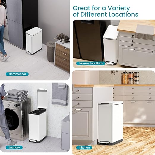 Home Zone Living 12 Gallon Slim Kitchen Trash Can with Soft Close Lid, Step Pedal, Bag Tuck Band, and Removable Liner, Stainless Steel, Matte White - Image 3