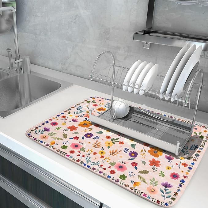 Spring Flowers Dish Drying Mat - Summer Pink Floral Washable Decorative Drying Pad for Women Home Kitchen Decor - Image 5