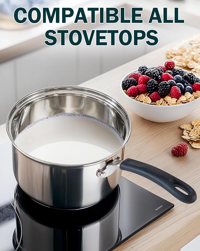 Cook N Home 1 Quart Stainless Steel Saucepan with Lid, Induction Compatible Milk Pot, Stay-Cool Silicone Handle, Mirror Polished 18/10 Cookware, Dishwasher & Oven Safe, Silver - Image 3