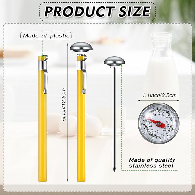 Xuhal 6 Pcs Stainless Steel Kitchen Thermometer with 5 Inch Long Stem 1 Inch Dial Thermometer Milk Frothing Food for Oven Probe Meat Grill BBQ Cooking Chocolate Water(Yellow) - Image 2
