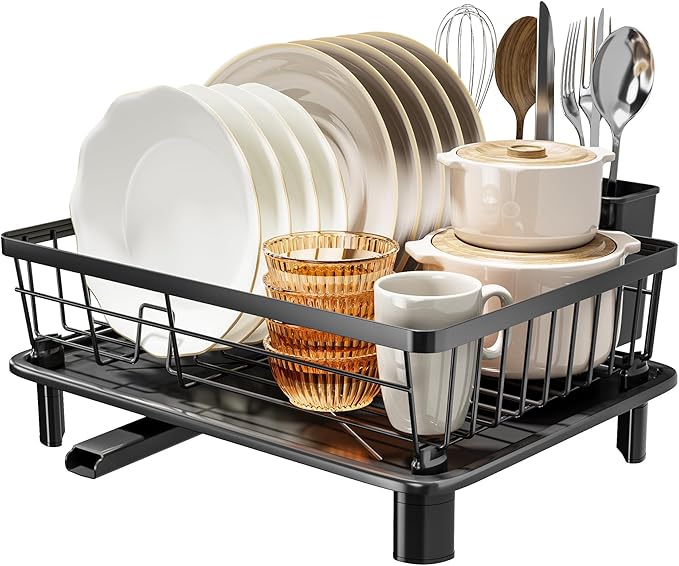 MOUKABAL Dish Drying Rack, Dish Rack, Stainless Steel Dish Racks for Kitchen Counter, Dish Drainer with Removable Utensil Holder, Drainboard (Black,11''W x 15''L) - Image 3